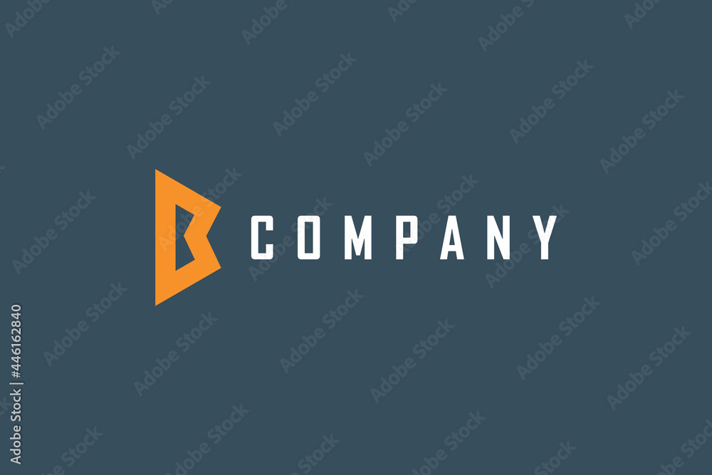 Poster simple initial letter b logo. orange geometric shape with double right arrows isolated on blue backg