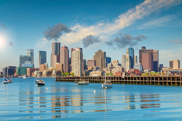 Fototapeta na wymiar Boston Harbour city skyline, Financial District in Massachusetts, USA