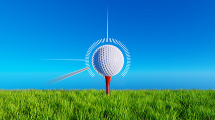3d illustration of a golf ball on a red tee in grass field. Markings around the ball to determine where hitting you would get hole in one, good hit and an epic fail.