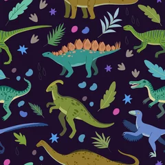Tapeten Seamless pattern with cartoon doodle dinosaurs and nature elements, rocks, leaves and stars. Adorable children design. © Yuliya