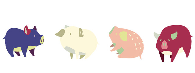 Cute stickers set with pigs. Cartoon characters. Happy animal farm. Vector piggy symbol. Illustration for card, prints, calendar, sticker, invitation, children's book, poster.