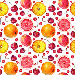 Seamless pattern watercolor citrus circle slice orange, grapefruit, apricot, red cherry and currant on white. Hand-drawn summer sweet food fruit, berry background for menu, wrapping, card
