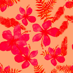 Ruby Seamless Leaves. Scarlet Pattern Leaves. Coral Tropical Vintage. Pink Flower Design. Red Drawing Botanical. Spring Illustration. Flora Art. Floral Foliage.