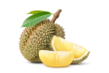 Durian fruit with slices and leaves  isolated on white background.