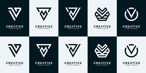 Set of creative abstract monogram letter v logo design collection.	