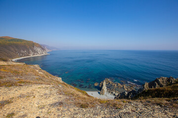 Sikhote-Alin Biosphere Reserve. Cape North. Rocky steep coast of the Sea of Japan.