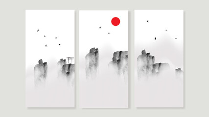 Mountain triptych wall art vector. Chinese or Japanese oriental Watercolor Floating Mountains background with gold line art. Design for home decor, Office art and wallpaper.