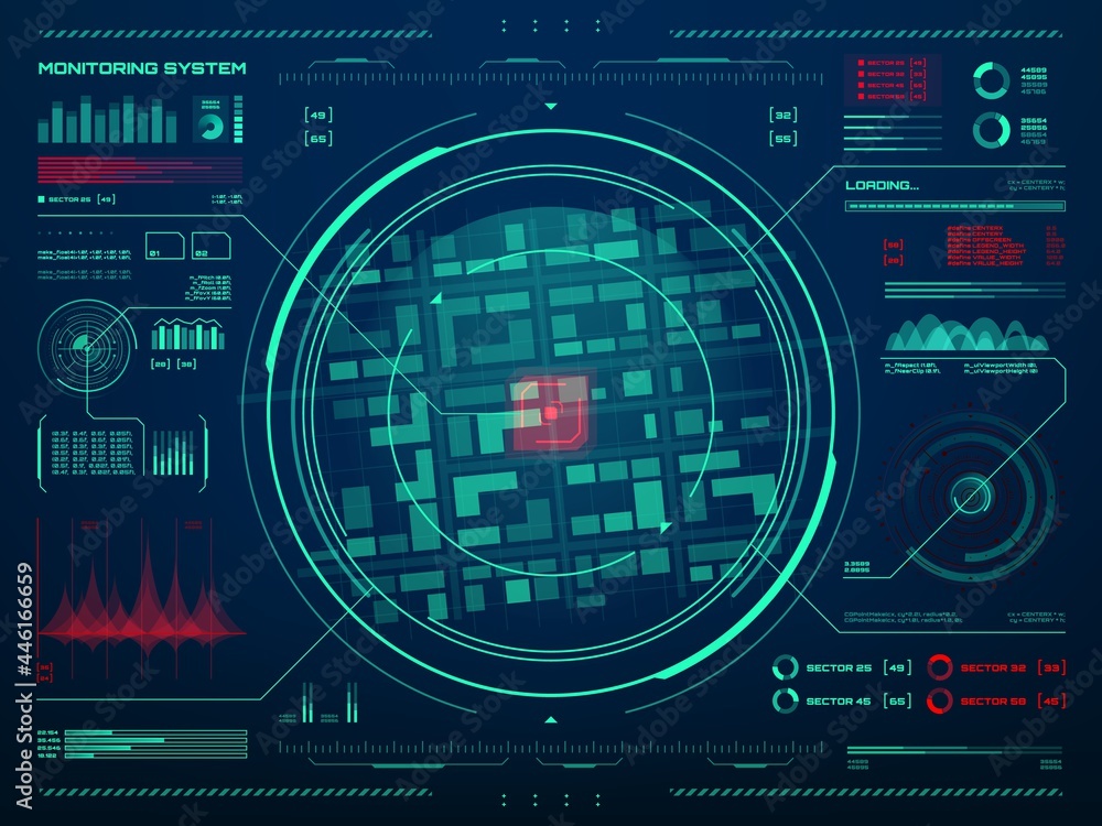 Aufkleber HUD security monitoring system technology. Secret service, police or army control center screen with target movement sensor data tracking interface, radar screen, neon map and information charts