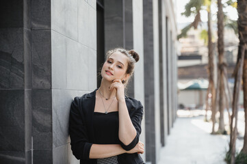 portrait young manager business person woman, professional executive businesswoman smiling female, standing on outdoor corporate office to work, confident job occupation concept