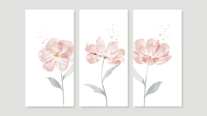 Flower watercolor art triptych wall art vector. Abstract art background with sweet orange and pink Floral Bouquets, Wildflower 
 and leaf  hand paint design for wall decor, poster and wallpaper.