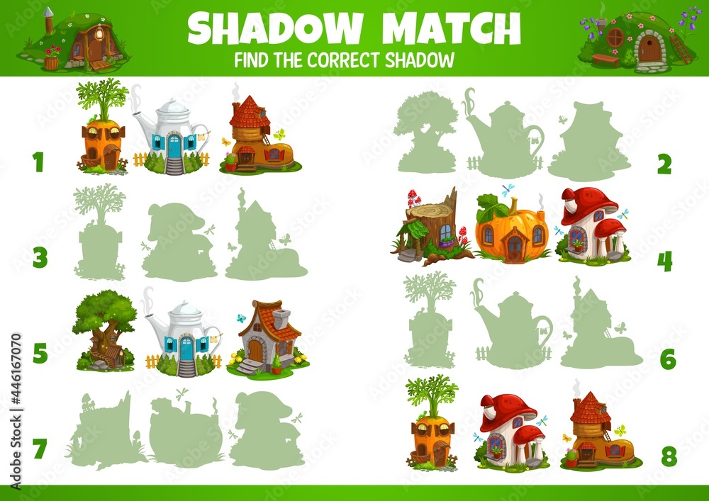 Poster kids game of vector fairytale houses and dwellings shadow matching. education game, memory puzzle, l