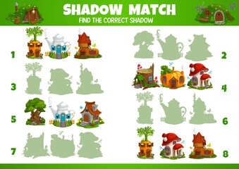 Kids game of vector fairytale houses and dwellings shadow matching. Education game, memory puzzle, logic riddle or maze with find correct shadow task, fairy houses in shape of boot, teapot, tree stump
