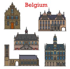 Belgium travel landmarks and architecture, vector Belgian city sightseeing buildings. Butcher Hall or Meat House Vleeshuis in Werne, Church of Our Lady in Damme, Town hall Stadthuis in Oudenaarde