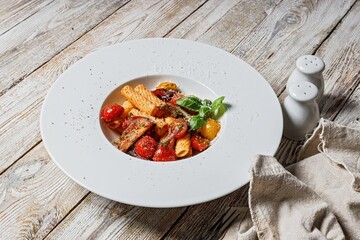 Close-up traditional penne pasta with tomatoes, spices, Parmesan cheese and fresh basil. Dish of classic Italian cuisine in a white plate on a wooden background. Vertical shot. Copy space. Top view