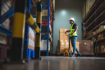 engineer foreman working in industry warehouse factory, occupation business manager with safety helmet in manufacturing with shipping technician employee teamwork to workshop,