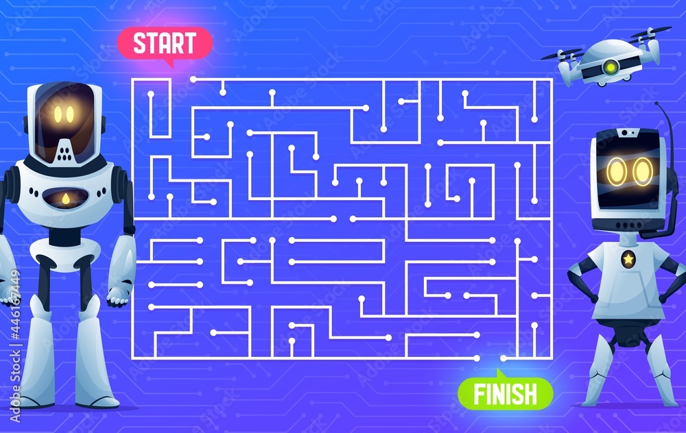 Aufkleber robots on motherboard, labyrinth maze game, kids boardgame, vector cartoon. find way maze labyrinth 