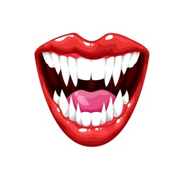 Fototapeta premium Vampire jaws, mouth and teeth, scary clown monster or smile fangs, vector flat cartoon icon. Scary Halloween face of monster, horror smile mask of vampire Dracula teeth and jaws, devil or joker grim