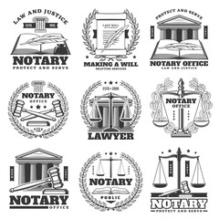 Notary office, lawyer and law firm icons, monochrome vector emblems. Law book, quill feather and laurel wreath, scales of justice symbol, court judge gavel and last will parchment scroll or document