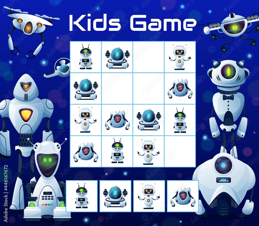 Poster kids puzzle block game with robots, vector sudoku riddle with cartoon characters humanoid cyborgs, d