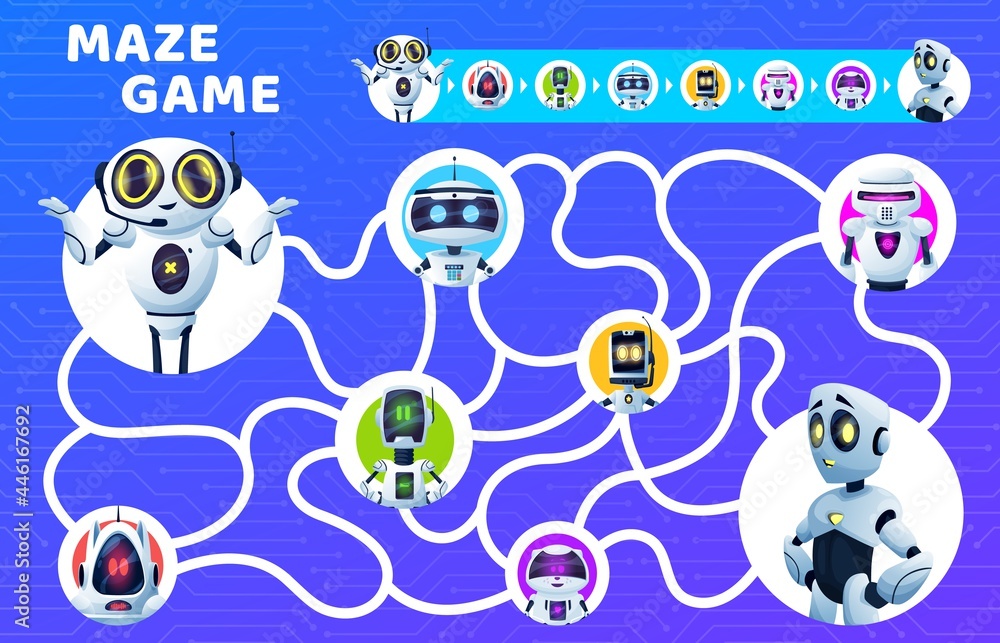 Poster Labyrinth maze game, kids riddle with cartoon vector robots. Find right way education puzzle, attention test or quiz, board game template with map, robots, artificial intelligence droids and bots