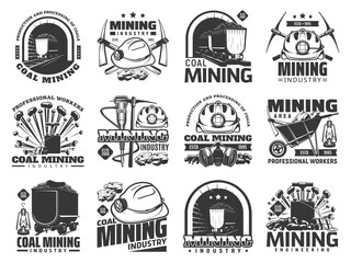 Coal mining industry icons, vector monochrome emblems with mine machinery and miner equipment or tools. Metal ore, coal in trolley, jackhammer, pickaxe and hardhat with wheelbarrow isolated labels set