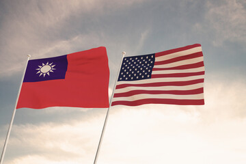 Flags of Taiwan and USA waving with cloudy blue sky background, 3D redering United States of America, Chinese Communist Party CCP.