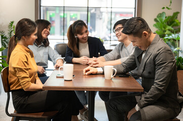 professional business team partnership meeting together with partner for cooperation success, businessman with corporate teamwork group in company office, handshake for working job business concept