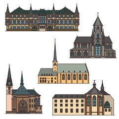 Luxembourg travel landmarks and architecture, vector city sightseeing buildings. Luxembourg Saint Trinity church in Vianden, Onze Lieve Vrouwe van Tamele, Grand Ducal Palace and Neumunster Abbey - obrazy, fototapety, plakaty