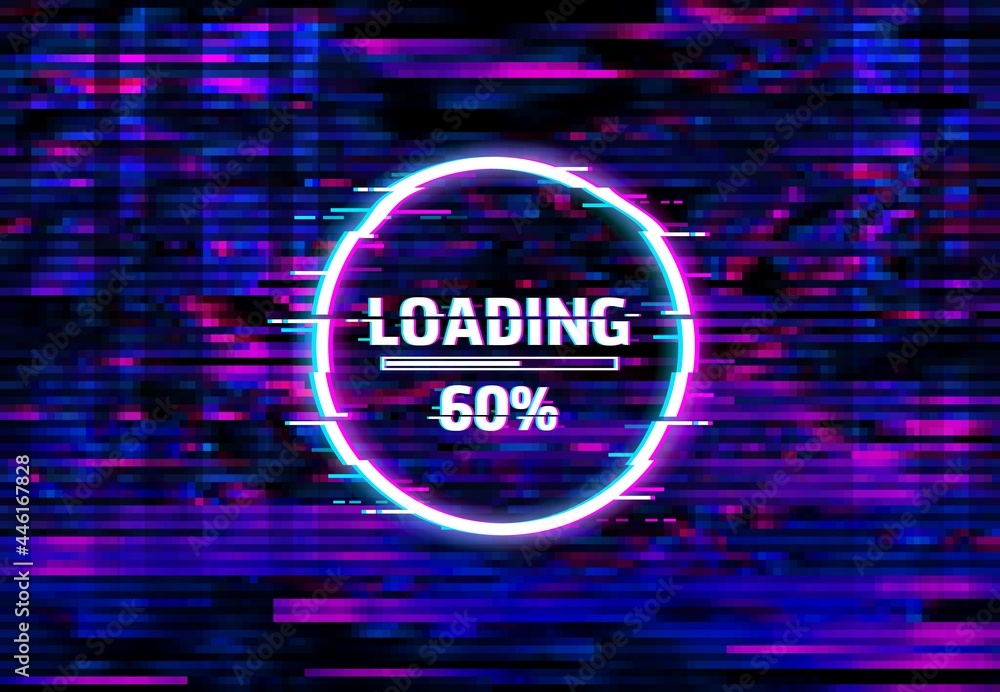 Leinwandbilder Digital distortion loading bar glitch screen, color lines and pixel noise. Computer program fail, internet connection loss and broadcast signal loss background with file download bar, noise pattern