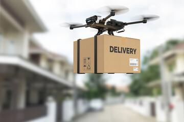 Delivery drone, Autonomous delivery robot, Business air transportation concept - obrazy, fototapety, plakaty
