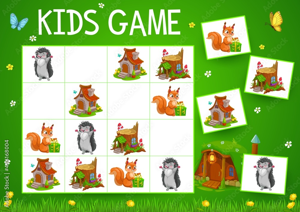 Poster sudoku game with cartoon fairytale houses and animals, vector kids education. block puzzle, logic ri