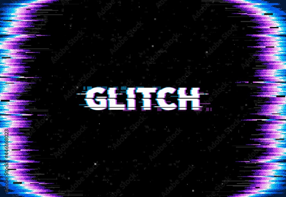 Leinwandbilder Glitch screen background. Monitor error glitch effect, TV signal loss and broken display vector backdrop. Computer bug, video crash and connection problem wallpaper with pixel noise and distorted text