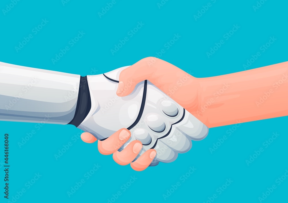 Poster cooperation with artificial intelligence. human shaking hand with robot or android, man welcoming cy