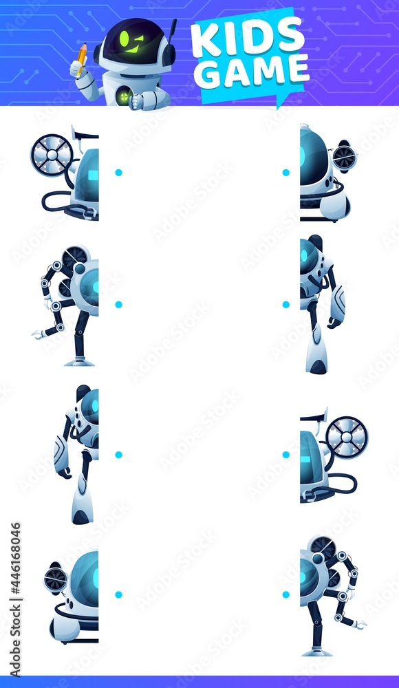 Poster find correct piece of robot, kids game or puzzle tabletop, vector background. find second part of ro