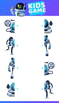 Find correct piece of robot, kids game or puzzle tabletop, vector background. Find second part of robot droid, android chatbot or cyber alien, kids tabletop or board game find and match