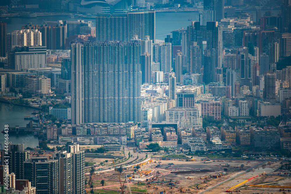 Wall mural hong kong victoria harbor city landscape, business downtown urban with skyline building tower, asia 