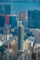 Obraz premium Hong Kong Victoria harbor city landscape, business downtown urban with skyline building tower, Asia district scene of skyscraper architecture view to travel