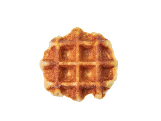 Round waffle, a close up of traditional homemade delicious crispy waffle cake dessert isolated on white background.