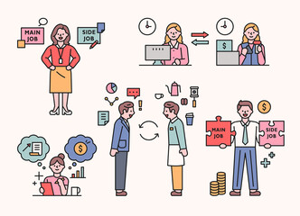 people who do side hustles. Cute characters are making money by doing side jobs. outline simple vector illustration.