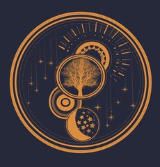 golden illustrations of alchemical, magical symbols on a dark blue background