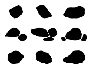 Black rock specimen set. Stone sample silhouette.