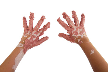 Both of the children's hands were covered with pink mud, isolated on white background.