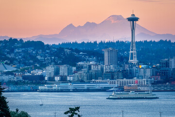 West Seattle View of Mount Baker with Downtown and Ferry on Elliot Bay - Powered by Adobe
