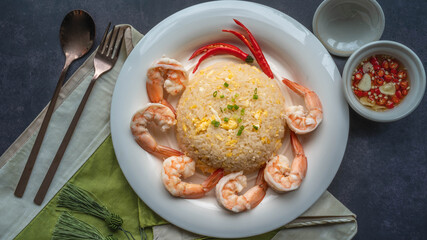 Shrimp fried rice with egg, spring onions, Asian food.