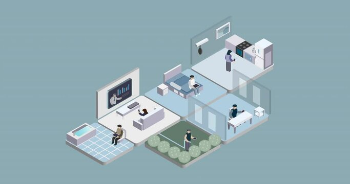 Trading crypro currency anywhere at home. Isometric 3D animation concept.
