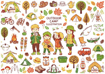 秋の紅葉狩り　アウトドア　レジャー　キャンプ　家族　アイコン　イラストセット　（主線あり）