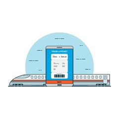 Illustration for buy online train ticket with smartphone concept. Design vector with flat style