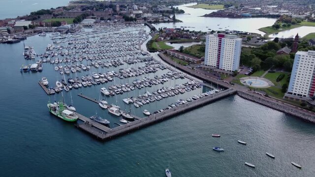 Aerial View Of Ships Dock At Haslar Marina In Gosport Town, Hampshire, Southeast England. 