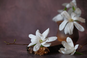 White magnolias lie on a wooden stand.
