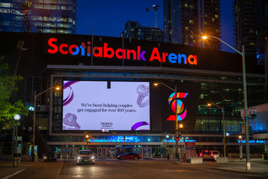TORONTO, CANADA - MAY 28, 2021:  Scotiabank Arena in Downtown Toronto illuminated at night